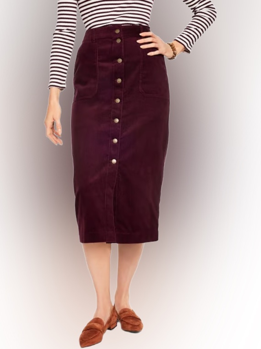NWT Talbots Button-Front Corduroy Midi Skirt in Deep Burgundy | Size 16